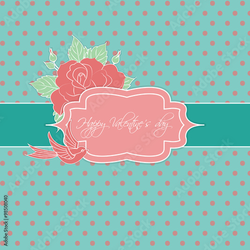 Valentines Day vintage card with red label decorated with bird and rose