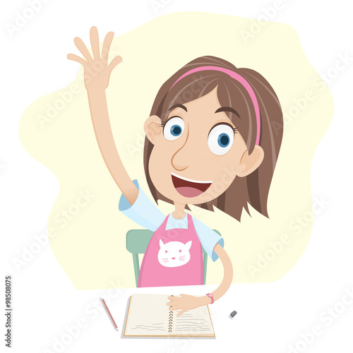 Girl student sitting at desk and raising her hand up