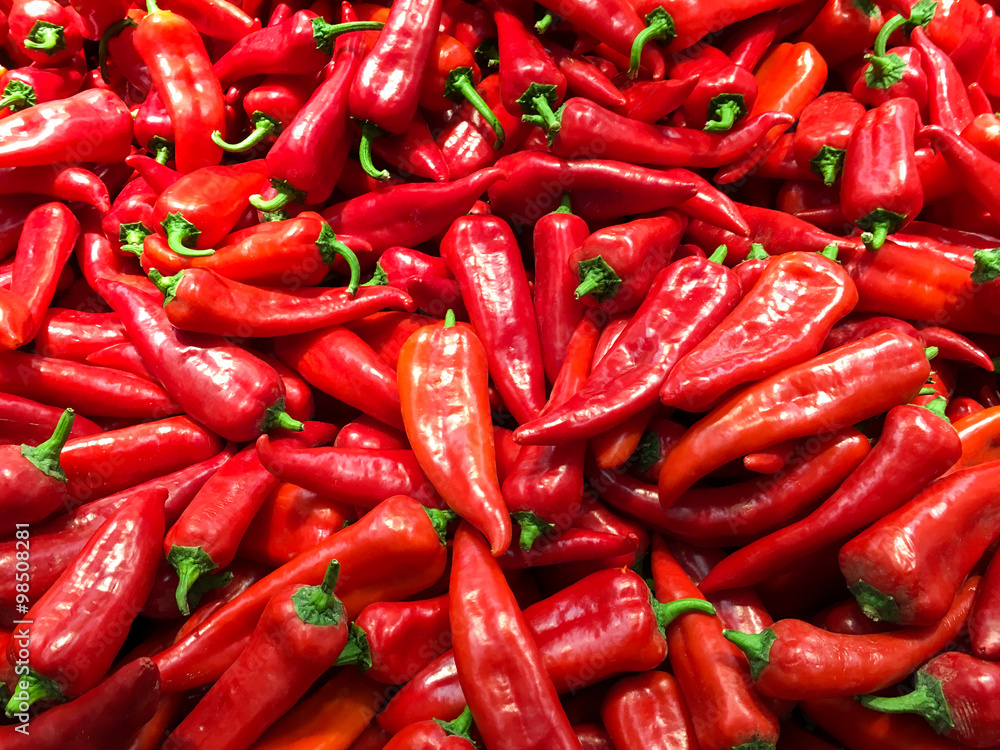 Close Up Of Red Capsicum In Vegetable Market Display