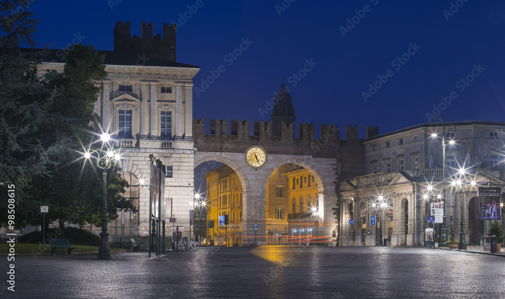 view to the gate in twilight  in Verona in Italy