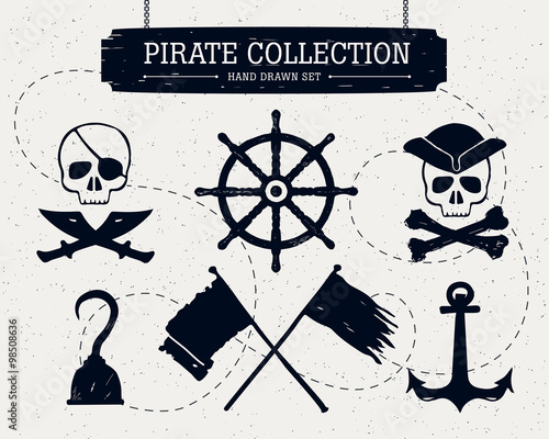 Hand drawn pirate collection of elements on black background.