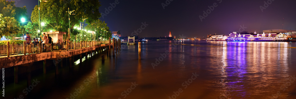 Panoramic Night view of Chao Phraya River in Bangkok