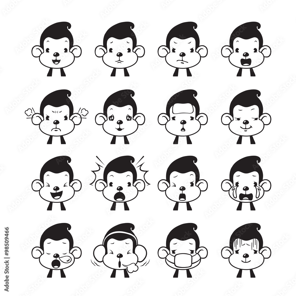 Monkey Emoticons set, Monochrome, Animal, Emoji, Facial Expression, Face, Feeling, Mood, Symbol Monkey Emoticons set, Monochrome, Animal, Emoji, Facial Expression, Face, Feeling, Mood, Symbol