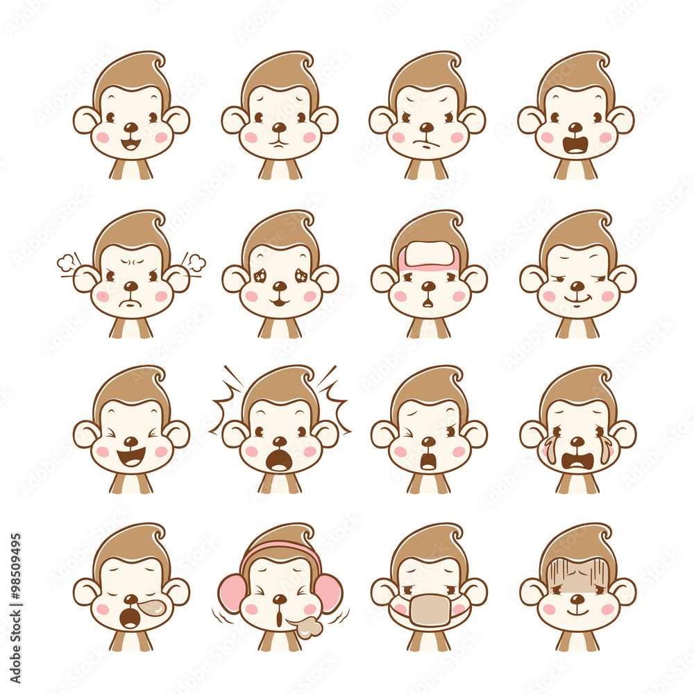 Monkey Emoticons set, Animal, Emoji, Facial Expression, Face, Feeling, Mood, Symbol