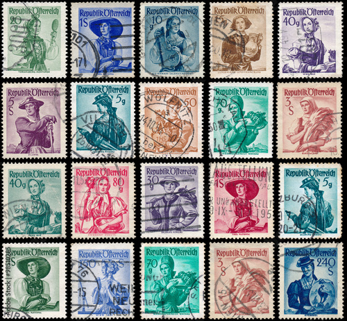 Stamps printed in Austria, show women in national dress
