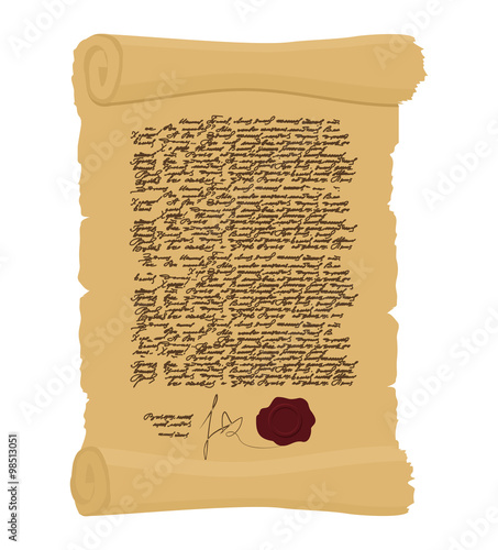 Ancient Royal Decree with print. Secret  Old yellow scroll. Abst