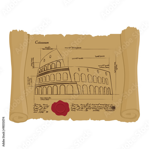 Drawing of Colosseum at Ancient scroll. Retro Scheme of ancient