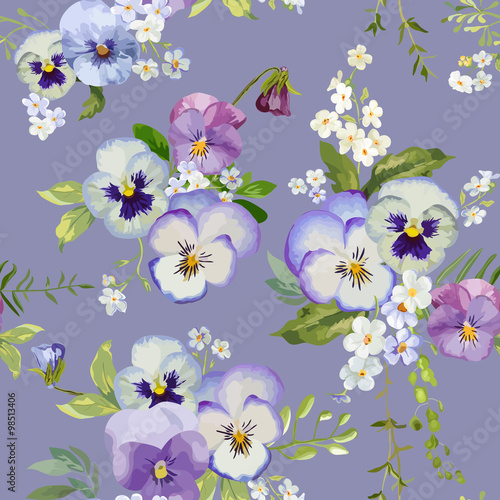 Pansy Flowers Background - Seamless Floral Shabby Chic Pattern