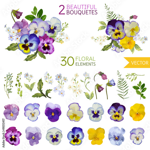 Vintage Pansy Flowers and Leaves - in Watercolor Style photo