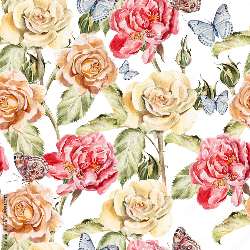 Beautiful watercolor pattern with butterflies, flowers of peony and roses