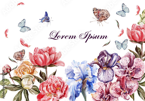Wallpaper Mural Beautiful watercolor card with peony flowers, roses and orchid flower. Butterflies and plants Torontodigital.ca