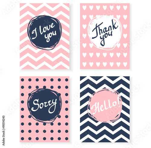 Vector card with hello, thank you, i love you, sorry. lettering and pattern of circles and stripes