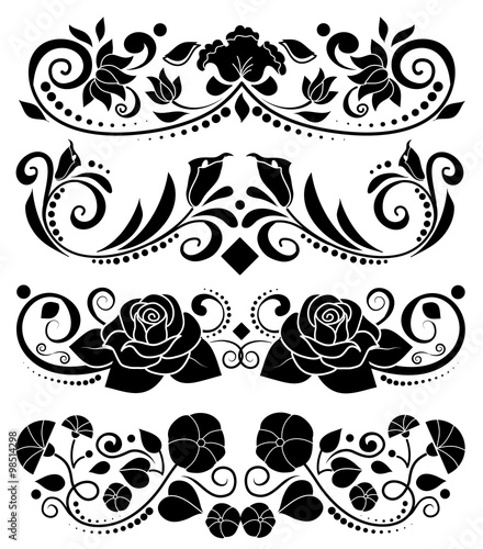 isolated vector floral elements, rose, lotus, lily flower border