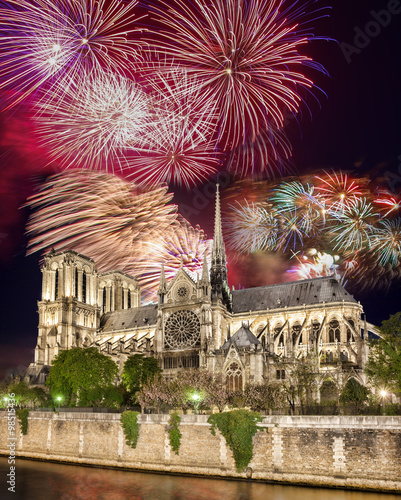 Toasting with champagne against Notre Dame with firework in Paris, France