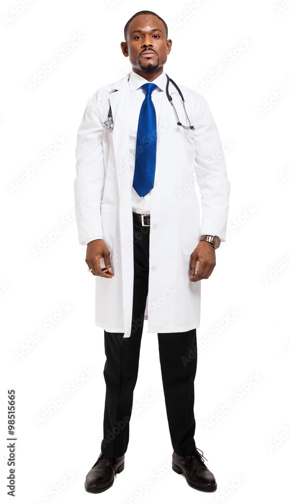 Black doctor portrait isolated on white