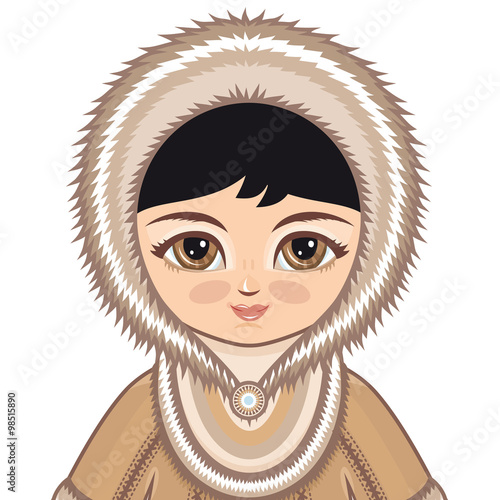  The girl in Chukcha dress. Historical clothes. The Far North. Colorful drawing on a white background.  Line drawing festive. Vector drawing.