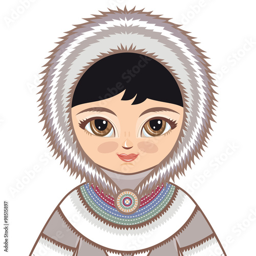  The girl in Chukcha dress. Historical clothes. The Far North. Colorful drawing on a white background.  Line drawing festive. Vector drawing.