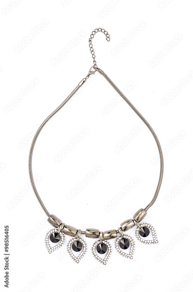 Silver necklace with beads isolated on white Silver necklace with beads isolated on white
