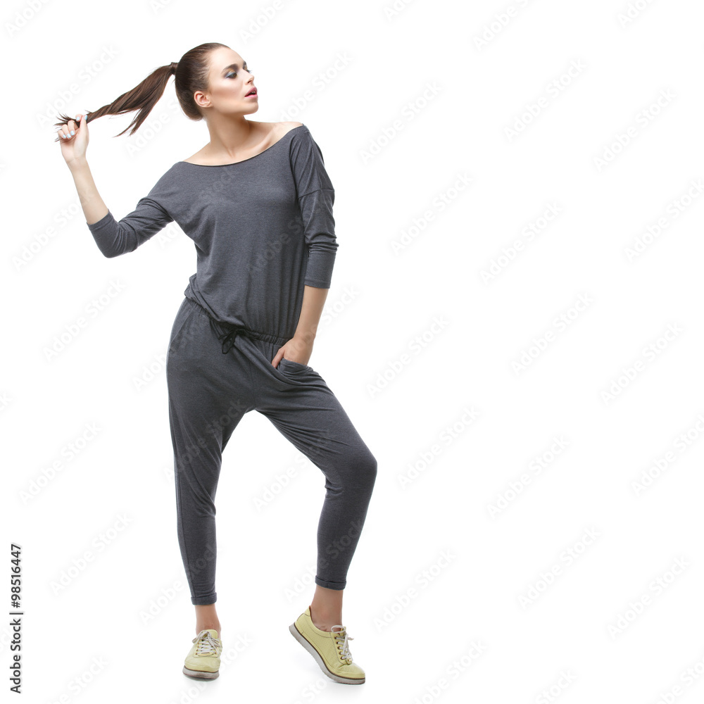 Fototapeta premium Beautiful girl in grey overalls