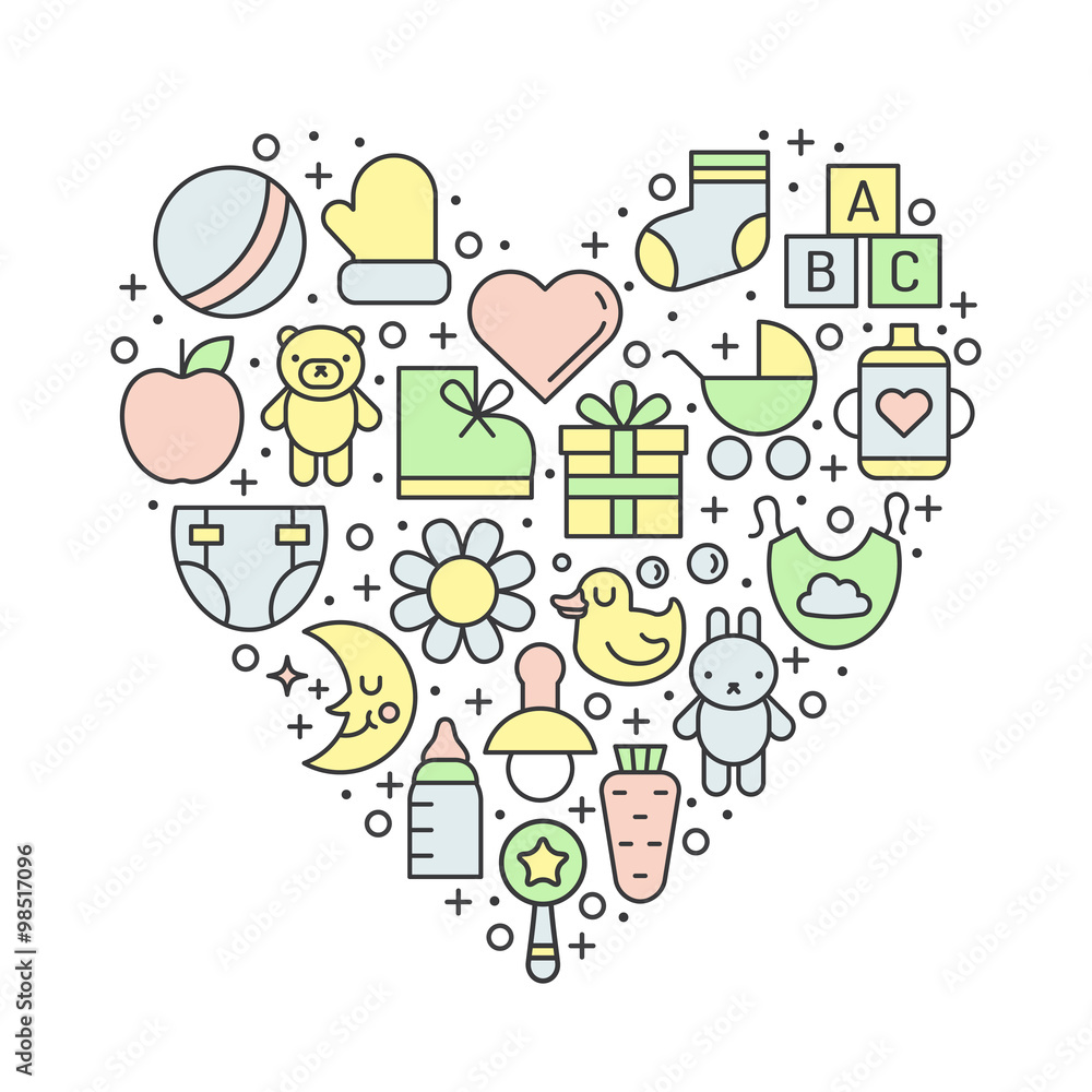 Babies (girl and boy) things outline multicolored cute vector heart background. Modern minimalistic design.