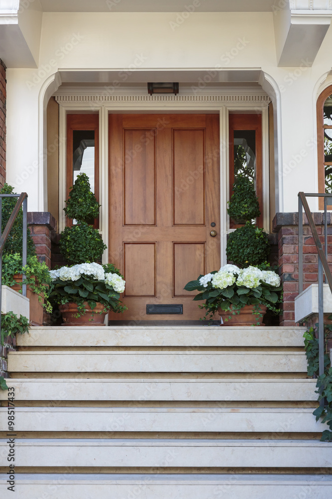 Front door, front view of front brown door with mail slot and green plants