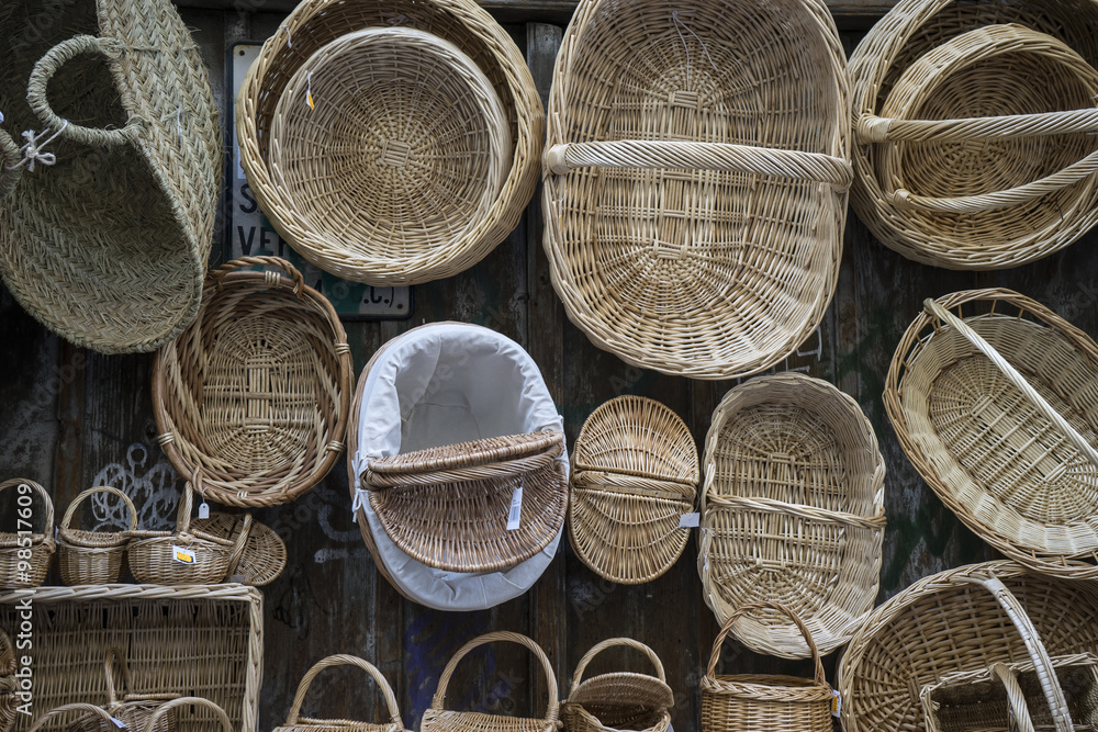 wicker baskets at a street stall in Spain wicker baskets at a street stall in Spain