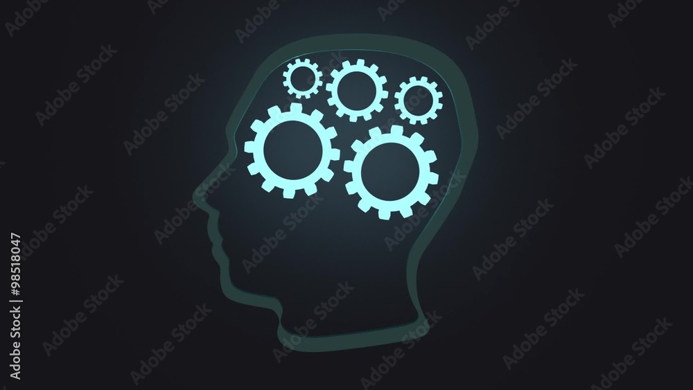 Gears rotate inside human head. Brain Mechanics with spinning elements. FullHD 2D flat cgi render animation idea Gears rotate inside human head. Brain Mechanics with spinning elements. FullHD 2D flat cgi render animation idea