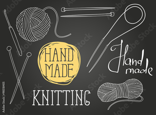 set of elements for design - skeins of thread, needles, hook