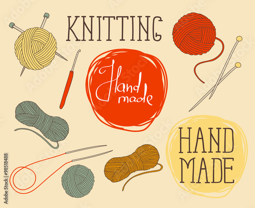set of elements for design - skeins of thread, needles, hook