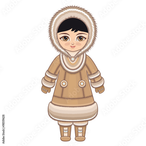 The girl in Chukcha dress. Historical clothes. The Far North. Colorful drawing on a white background.  Line drawing festive. Vector drawing.