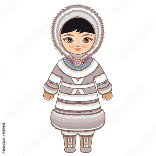  The girl in Eskimo dress. Historical clothes. The Far North. Colorful drawing on a white background.  Line drawing festive. Vector drawing.