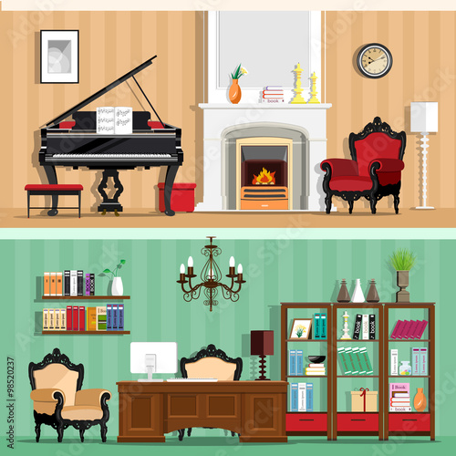 Set of colorful vector interior design house rooms with furniture icons: living room and home office. Rooms with vintage interior elements. Flat style vector illustration.
