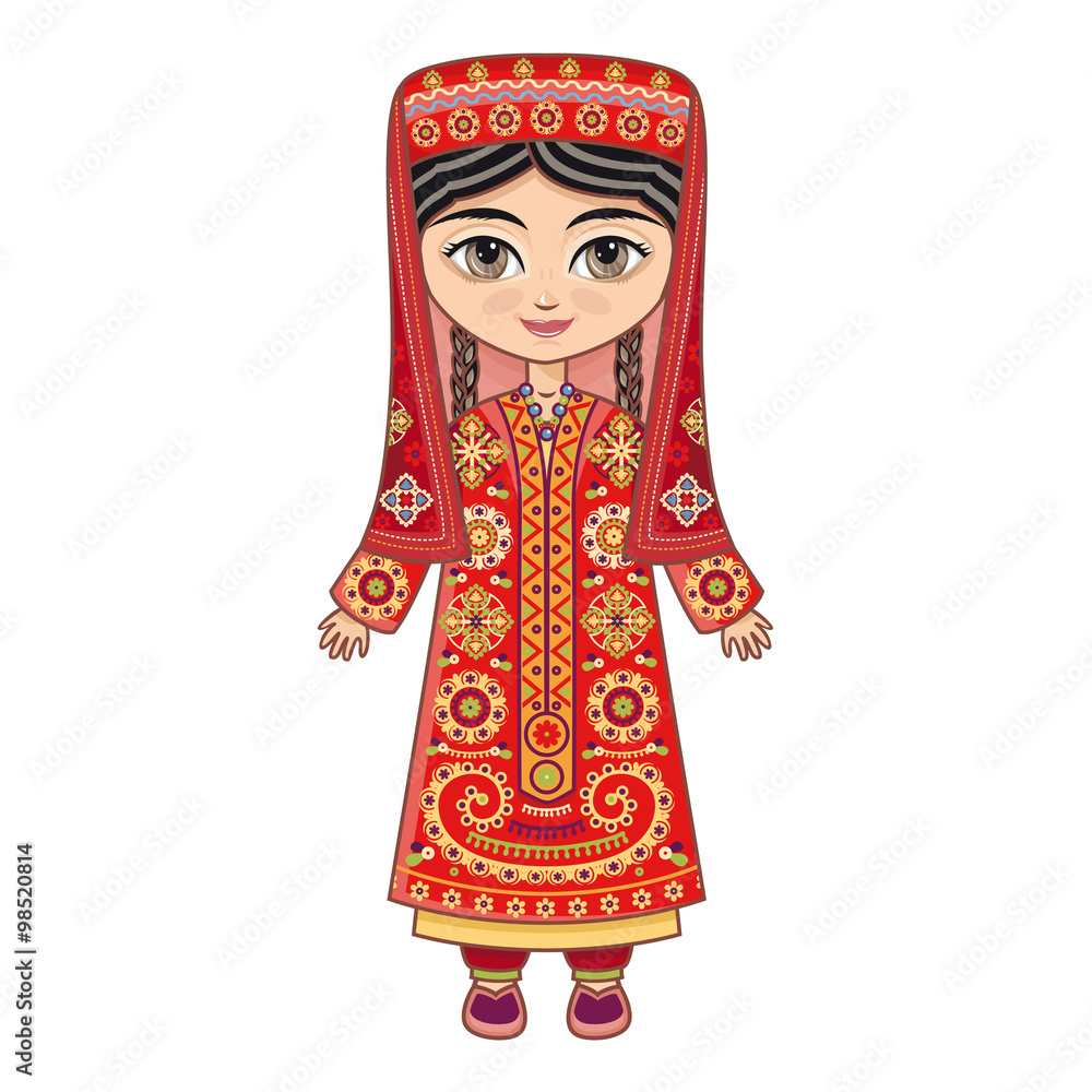  The girl in Tajik dress.  Historical clothes. Linear pattern on a white background.  Line drawing festive. Vector drawing.