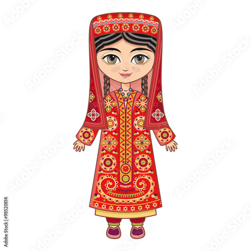  The girl in Tajik dress.  Historical clothes. Linear pattern on a white background.  Line drawing festive. Vector drawing.