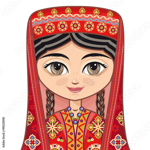 
 The girl in Tajik dress.  Historical clothes. Linear pattern on a white background.  Line drawing festive. Vector drawing. Portrait, avatar.