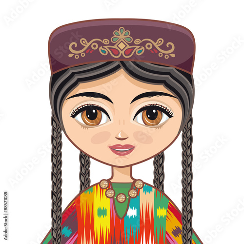  The girl in  Uzbek dress. Historical clothes.  Linear pattern on a white background.  Line drawing festive. Vector drawing.