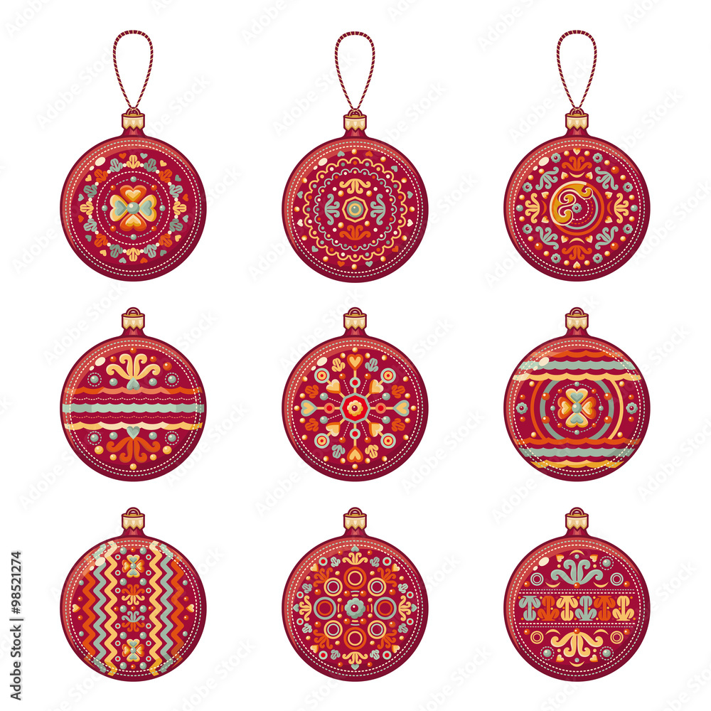 Christmas balls. Set of color Christmas toys. Holiday decorations. Template for design. Winter. White background. Isolated image. New Year decoration. Cut the paper. Eps.  Pattern toy.  