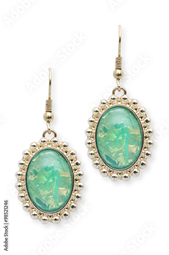 earrings with green stones isolated on white