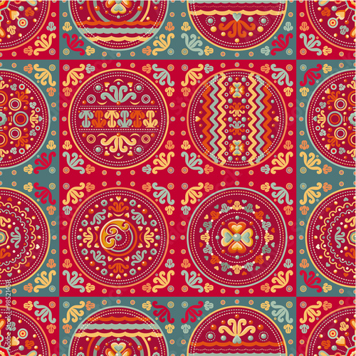 Seamless patchwork pattern. Ethnic geometric print. Wallpaper, pattern fills, web page background, surface textures. Wrapping. Festive packaging. Geometric carpet. Web tile. Oriental style.