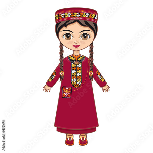 The girl in Turkmen dress. Historical clothes. Turkmenistan. Vector drawing on white background. Isolated image. 