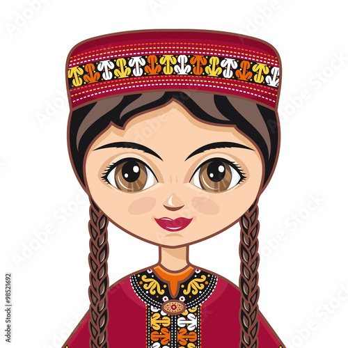 The girl in Turkmen dress. Historical clothes. Turkmenistan. Vector drawing on white background. Isolated image. Portrait. Avatar.