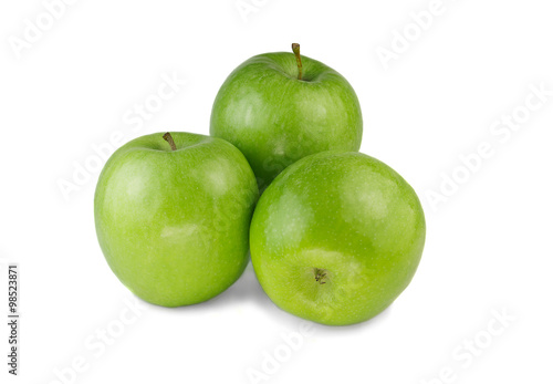 Three isolated green apples on white background