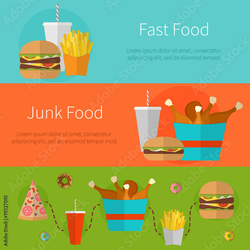 Fast food banner design concept. Flat icons of junk food. Illust