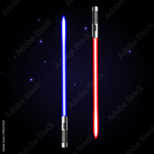 Two glowing swords on cosmic dark blue background with stars.