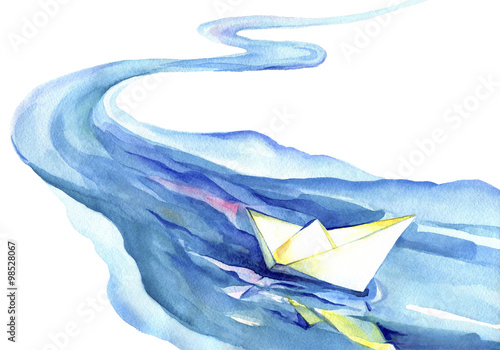 White paper boat floating in the water. Watercolor painting of the river and ship on a white background.