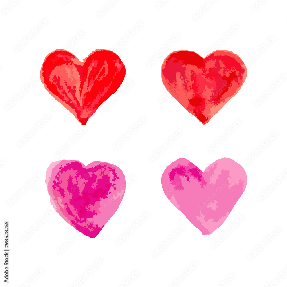 hearts for St. Valentine day watercolor effect set on white back