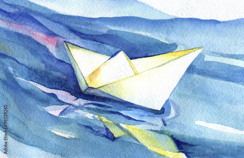White paper ship sails on the waves. Watercolor painting of the ship and sea water.