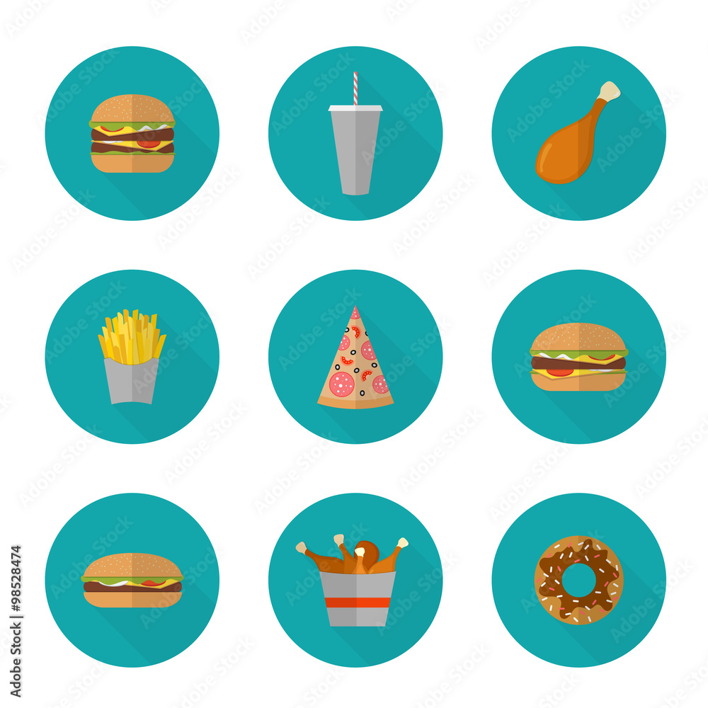 Fast food icon design. Flat icons of junk food isolated on white Fast food icon design. Flat icons of junk food isolated on white