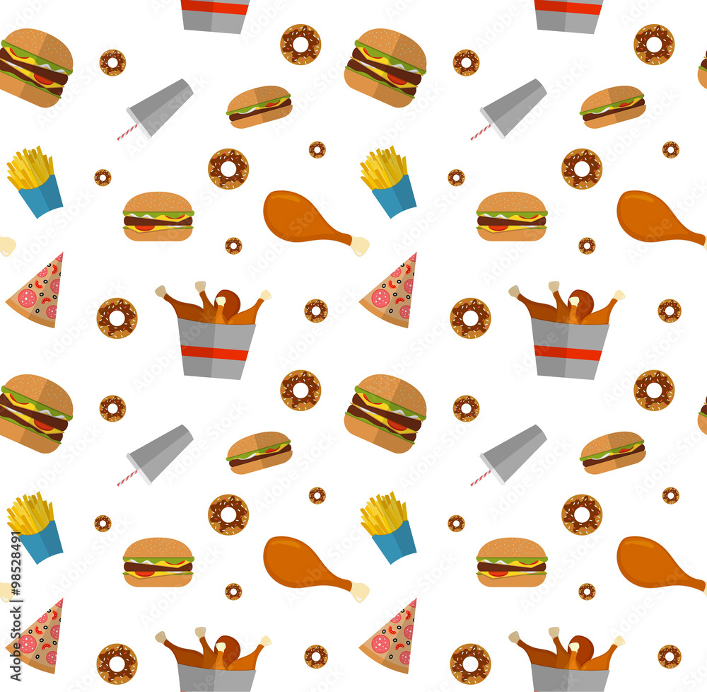 Fast food seamless pattern design isolated on white. Illustratio