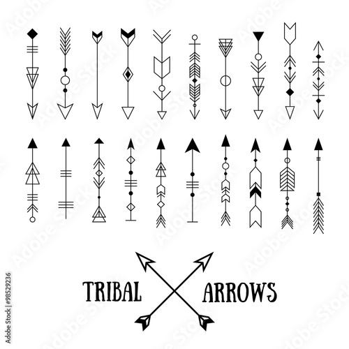 Set of hipster tribal arrows isolated on white. Line vintage vector illustration